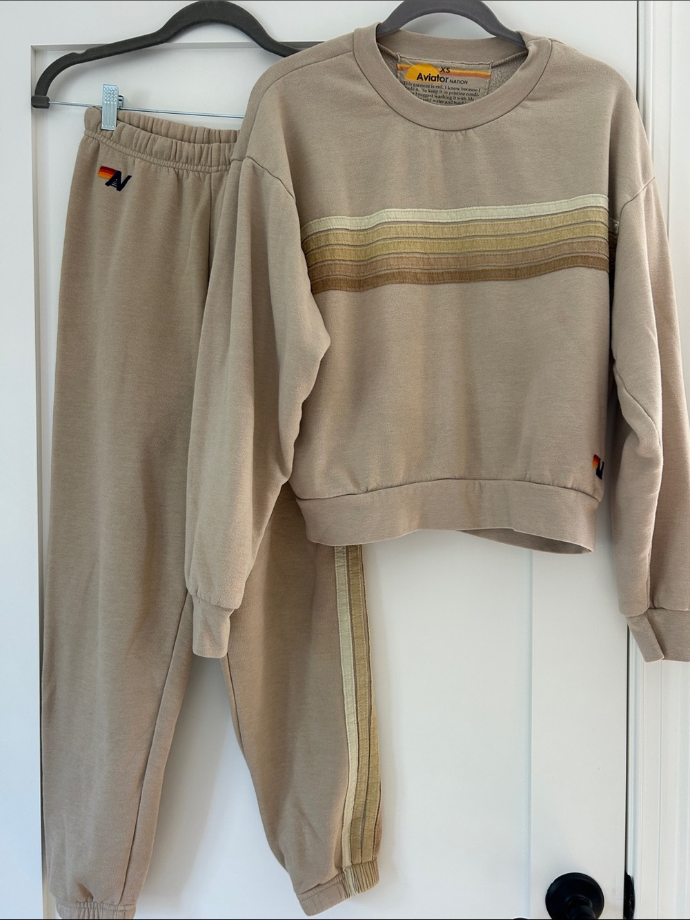 Aviator Nation Women's Beige Striped Sweatshirt & Jogger Set
